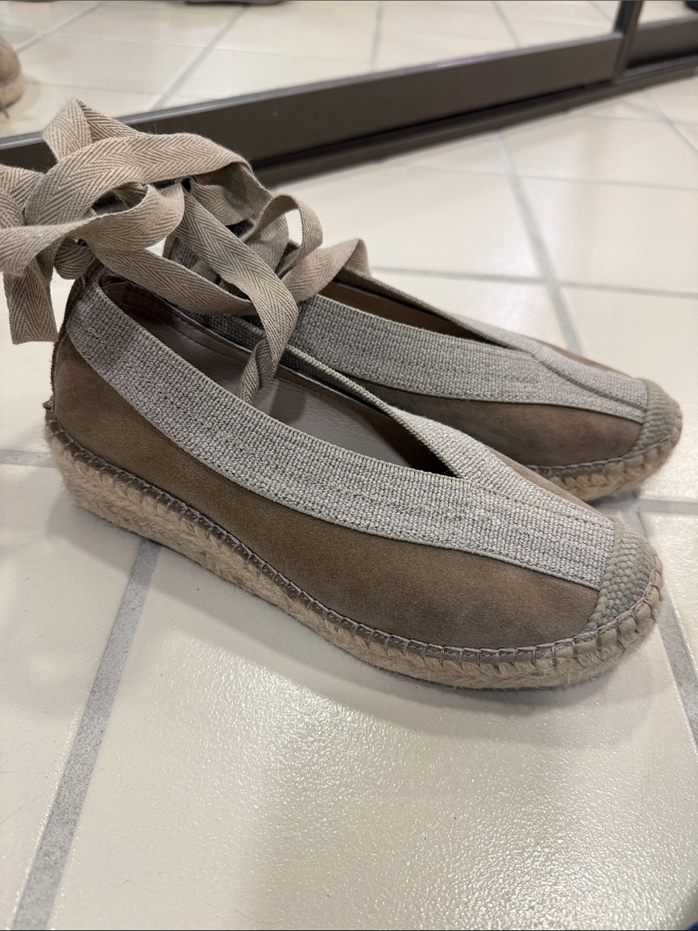 Suede Wrap Espadrille Flats in Taupe